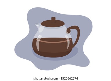 Coffee pot flat vector illustration. Glass container for cooking hot aromatic drinks isolated on grey background. Brown caffeine containing beverage in kitchen utensil. Energetic breakfast symbol