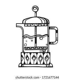 Coffee pot with french press. Vector drawn flat illustration of a coffee pot on a white background. A design element that is perfect for a menu, poster, cafe, restaurant, store, postcard and logo.