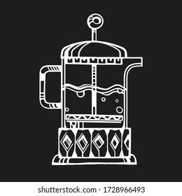 Coffee pot with french press. Vector drawn flat illustration of a white coffee pot on a black background. A design element that is perfect for a menu, poster, cafe, restaurant, postcard and logo.