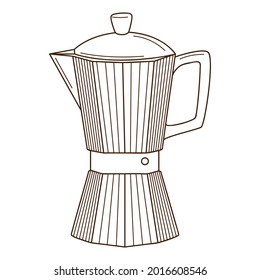 Cafetera, cafetera geyser. Turco para café, equipamiento de cocina. Elemento de diseño con contorno. Doodle, dibujado a mano. Ilustración vectorial blanca negra. Aislado sobre un fondo blanco