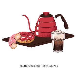 Coffee pot with coffee and glazed donut. Coffee drink with dessert in flat cartoon style. Delicious composition for menu, sticker, postcard, etc.