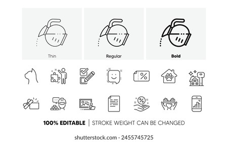 Coffee pot, Graph phone and Build line icons. Pack of Pet shelter, Photo studio, Checkbox icon. Discount banner, Document, Pets care pictogram. Hold heart, Opened gift, Strategy. Smile. Vector