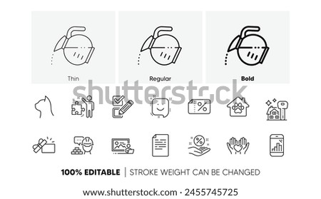 Coffee pot, Graph phone and Build line icons. Pack of Pet shelter, Photo studio, Checkbox icon. Discount banner, Document, Pets care pictogram. Hold heart, Opened gift, Strategy. Smile. Vector