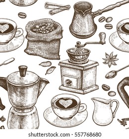 Coffee pot, coffee grinder, coffee cups, donuts, Turkish ibrik, jug of milk. Seamless vector pattern. Black and white art illustration. Vintage. Kitchen design for textiles, paper, packaging, wrapping svg