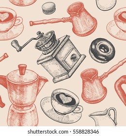 Coffee pot, coffee grinder, coffee cups, donuts, Turkish ibrik, jug of milk. Seamless vector pattern. Art illustration. Vintage background. Kitchen design for textiles, paper, packaging, wrapping. svg