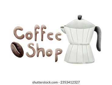 Coffee Pot Hand Drawn and Coffee Bean with Watercolor Painting Style Vector