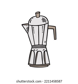 Coffee pot hand drawn cartoon colorful vector illustration. Engraving style sketch.