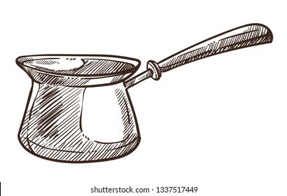 Coffee pot with handle Turkish cezve monochrome sketch outline vector traditional pot for making hot beverage with caffeine colorless container in flat style kitchenware and arabian kitchen utensil