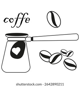Coffee pot icon. Coffe text error. Beans vector shape. Black heart symbol.