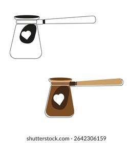 Coffee pot icon. Turkish cezve vector. Heart decor handle. Brown kitchen symbol.