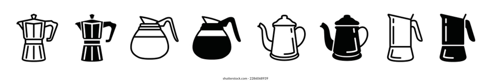 Colección vectorial de iconos de la olla de café. Icono de Coffeepot en línea, plano y estilo de color. Cartel y símbolo de la tetera o el hervidor de café. Ilustración del vector