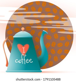 Coffee pot with lettering I love coffee. Cute vector illustration. Dark background with coffee beans.