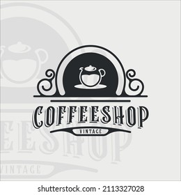 vintage del logotipo de la cafetera con diseño gráfico de la plantilla de ilustración del vector de contorno. símbolo y señal de bebida o bebida para negocios con estilo de tipografía retro