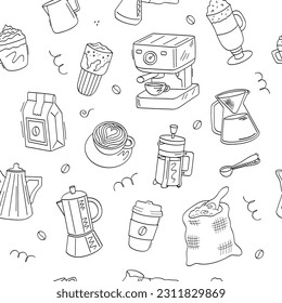 Coffee, сappuccino, pot, coffee machine, bag of beans, latte, glass. Seamless vector pattern of cute doodle icons on a white background.
