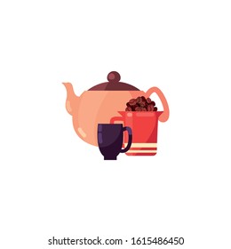 Coffee pot and mug design of time drink breakfast beverage shop morning store aroma and caffeine theme Vector illustration
