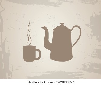 Cafetería y taza para café o té en un fondo humeante. Ilustración vectorial.