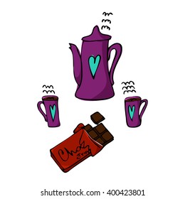 Coffee pot, mugs and chocolate bar