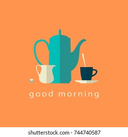 Coffee pot, pitcher and cup. Flat simple icons. Vector illustration.