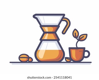 Coffee pot with a plant in it sits on a table next to a cup. The coffee pot is orange and has a handle. Concept of warmth and comfort