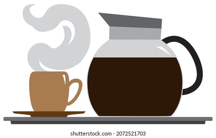 A coffee pot and a steaming mug are resting on a tray