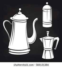 Coffee pot stickers on blackboard background. Vector illustration
