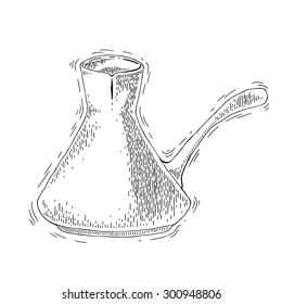 Coffee pot or Turkish coffee an engraving style on isolated background