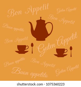 Coffee pot and two cups on background of inscription Bon appetit