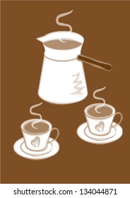 coffee pot and two coffee cups on brown background, vector illustration