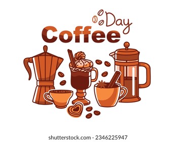 Coffee pot and various types of coffee. Coffee day banner. Vector.