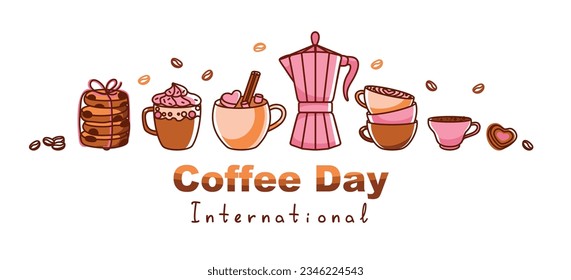 Coffee pot and various types of coffee. International coffee day banner.  Coffee day banner. Vector.