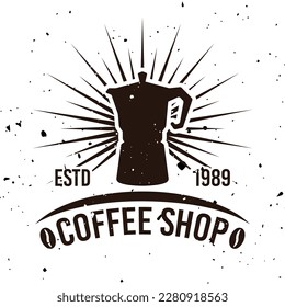 Coffee pot vector emblem, badge, label, sticker or logo in vintage style isolated on white background with removable textures