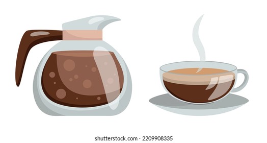 Coffee pot. Vector illustration of glass coffee pot. Hot fragrant coffee in glass pot and cup. Cappuccino, Americano, espresso.