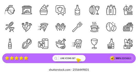 Coffee pot, Water bottles and Coffee beans line icons for web app. Pack of Food app, Salad, Beer pictogram icons. Cooking hat, Fork, Burger signs. Peanut, Mint bag, Fish grill. Glass. Vector