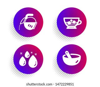 Coffee pot, Water drop and Cold coffee icons simple set. Halftone dots button. Cooking mix sign. Tea drink, Aqua, Ice cubes in beverage. Bowl. Food and drink set. Classic flat coffee pot icon. Vector