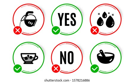 Coffee pot, Water drop and Cold coffee icons simple set. Yes no check box. Cooking mix sign. Tea drink, Aqua, Ice cubes in beverage. Bowl. Food and drink set. Coffee pot icon. Check mark. Vector