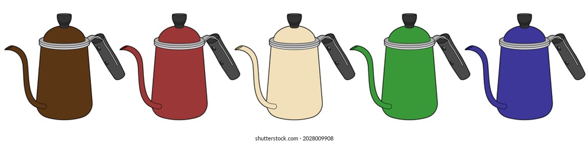 Coffee pots in brown, milk, blue, green and red. Realistic design. 