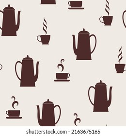 cafés y tazas con una bebida caliente, café o té. patrón vectorial transparente.