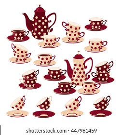 Coffee pots and cups with polka dots. Vector set of isolated coffee pots, cups of coffee and empty cups.