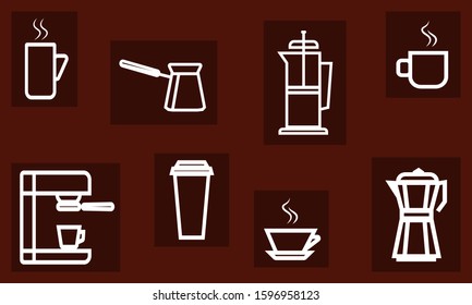 Coffee pots icons, linear design, white icons on a dark brown background.