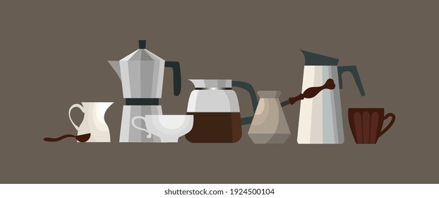 Coffee pots, kettles in a simple style. Set for tea and coffee. Vector illustration. 