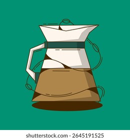 Coffee in Pour Over: Stylish illustration of coffee brewing in a pour-over coffee maker, showcasing rich brown coffee and a sleek design against a teal background