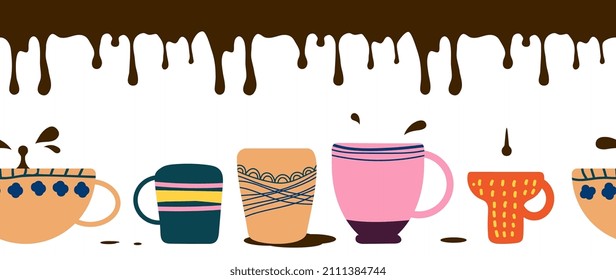 Coffee poured in cups. Liquid espresso or americano, hot chocolate drops. Mugs with energy morning drink. Cafe or coffee shop banner, vector seamless pattern