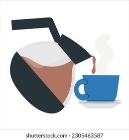 coffee poured from a flying pot into a cup isolated on white. Cup of coffee hot drink and glass pot