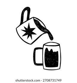 Coffee is poured into a mug. Crayon drawn element for cafe menu, coffee shop. Vector illustration.