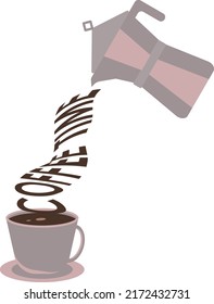 El café va de cezve a taza.  Ilustración vectorial, fondo. Elementos de diseño de café. Se puede usar para tarjetas, invitaciones, imprimir, menú