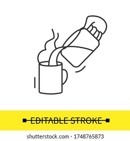Coffee pouring icon. Fresh aromatic hot drink served out of glass drip coffee maker pot into big mug. Editable stroke vector illustration for recipe, package design and navigation
