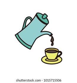 Coffee pouring into cup in flat design isolated on white background. Vector illustration