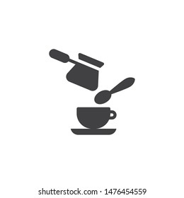 Coffee pouring into cup vector icon. filled flat sign for mobile concept and web design. Cezve, coffee cup and spoon glyph icon. Symbol, logo illustration. Vector graphics