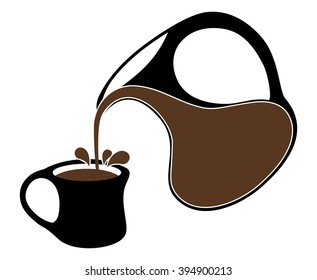 Coffee pouring from a jug into cup. Isolated. White background