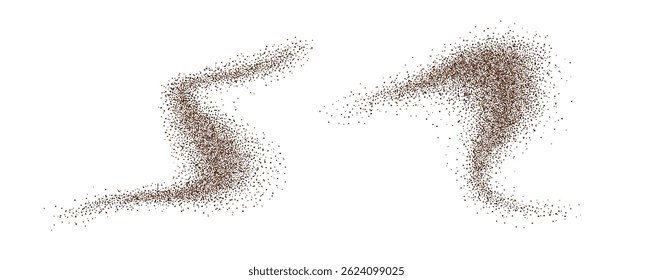Coffee powder chocolate cocoa dust brown sandy background. Cacao bean particles swirl and splash in realistic motion. Ground cinnamon and sugar scatter in fresh spiral wave design.